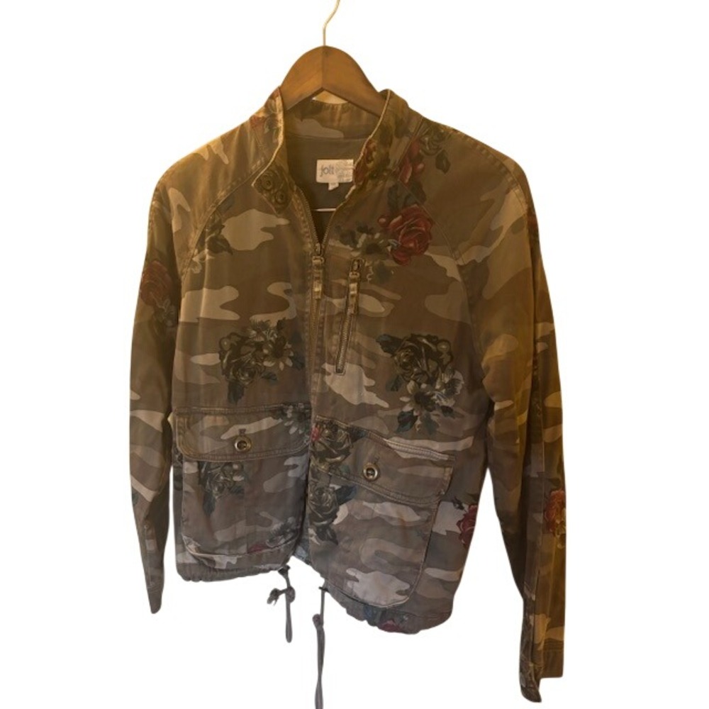 Jolt Women's Camo Floral Utility Jacket Green Red Rose Full Zip XS